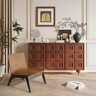 Vintage Solid Wood Entryway Console Cabinet With Drawers Plant And Wicker Chair 3d model