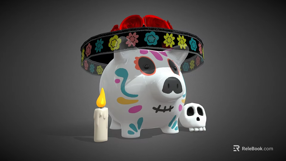 Decorative Ornament Set With Skull Design Piggy Bank Colorful Patterns Sombrero Hat And Candle 3d model 