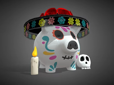 Decorative Ornament Set With Skull Design Piggy Bank Colorful Patterns Sombrero Hat And Candle 3d model