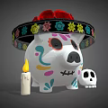 Decorative Ornament Set With Skull Design Piggy Bank Colorful Patterns Sombrero Hat And Candle
