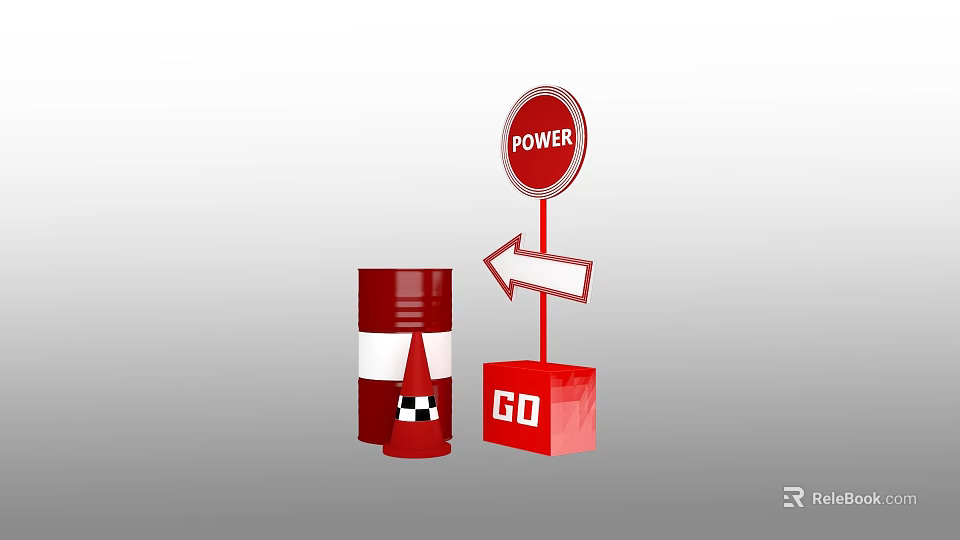 Red Oil Barrel With Power Sign Arrow And Go Block 3d model 