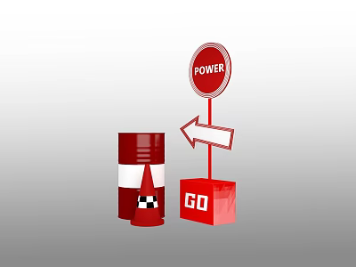 Red Oil Barrel With Power Sign Arrow And Go Block 3d model