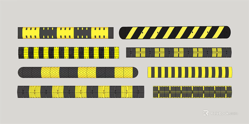 Road Traffic Facilities Featuring Yellow And Black Striped Speed Bumps With Various Patterns 3d model 