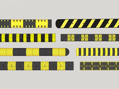 Road Traffic Facilities Featuring Yellow And Black Striped Speed Bumps With Various Patterns 3d model