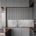 Modern Dark Gray Kitchen With Wooden Countertop Marble Backsplash And Built-in Coffee Machine