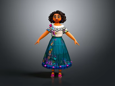 Animated Game and Movie Character With Curly Hair White Top Teal Dress and Pink Shoes 3d model