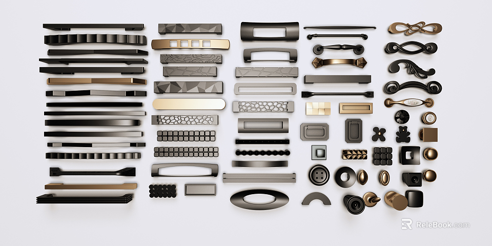 Black And Silver Metal Handles For Cabinets Drawers With Various Modern Designs 3d model 