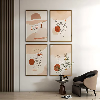 Minimalist Portrait Paintings With Human Faces Hat Earrings Hands And Circular Elements On Interior Wall 3d model