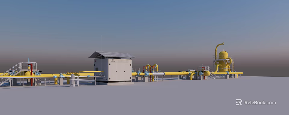 Industrial Yellow Pipes System With Control Panel And Outdoor Machinery Equipment 3d model 