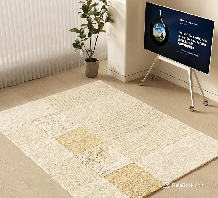 Square Rug With Beige And Light Yellow Patchwork On Wooden Floor With Potted Plant 3d model 