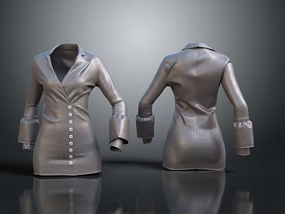 Silver Metallic Women's Coat 3D Model With Front And Back Views And Button Details 3d model