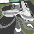 Modern Sales Office Building with Curved White Roof Glass Facade and Digital Screen