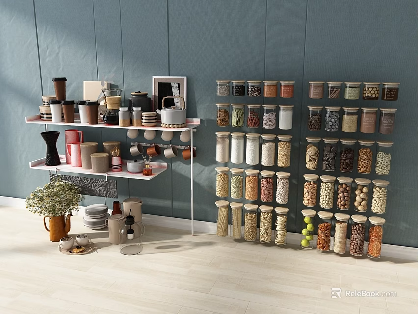 Spice Jars Displayed On Shelves In Modern Kitchen With Various Colors And Types 3d model 