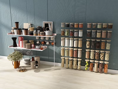 Spice Jars Displayed On Shelves In Modern Kitchen With Various Colors And Types 3d model