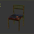 Wooden Chair With Red Frame Blue Fabric Seat And Slatted Back Design