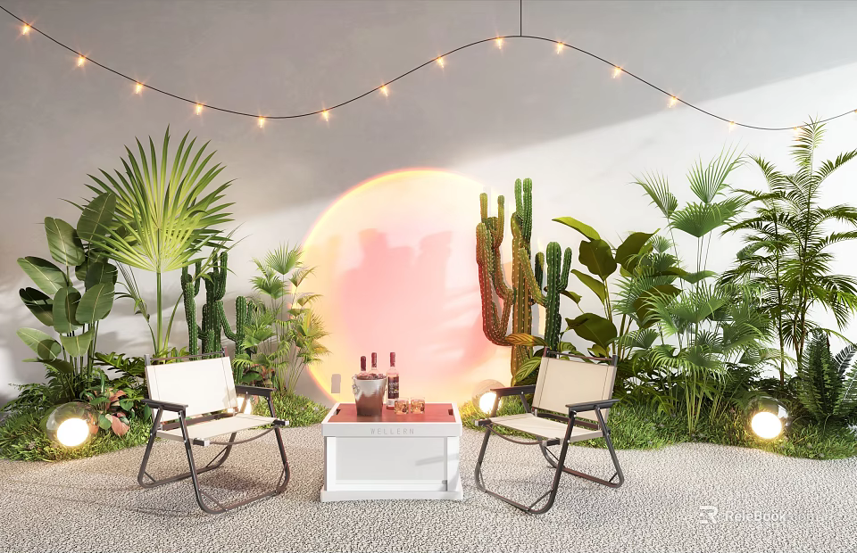 Cozy Outdoor Chairs With Side Table String Lights And Cactus Plants Under Sunset Glow 3d model