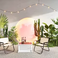 Cozy Outdoor Chairs With Side Table String Lights And Cactus Plants Under Sunset Glow 3d model