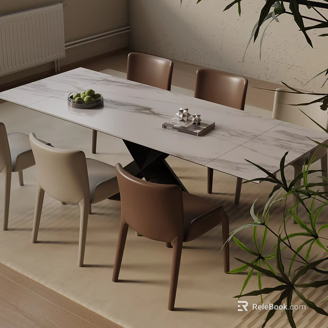 Marble Top Dining Table Set with Brown Beige Chairs Fruit Bowl Tray and Plants 3d model 