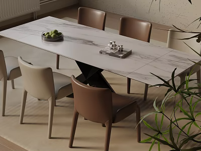 Marble Top Dining Table Set with Brown Beige Chairs Fruit Bowl Tray and Plants 3d model