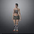 Woman wearing gray tank top gray skirt knee-high socks and sneakers with orange soles