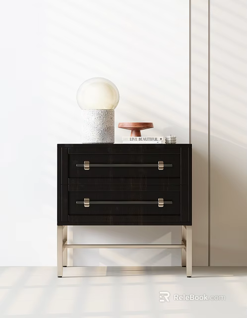 Modern Black Bedside Table with Two Drawers Metal Handles Round Globe Lamp Tray and Book 3d model 