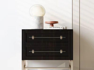 Modern Black Bedside Table with Two Drawers Metal Handles Round Globe Lamp Tray and Book 3d model