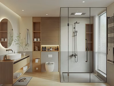 Modern Bathroom Interior With Glass Shower Enclosure Wooden Vanity Round Mirror And Toilet 3d model