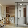 Modern Bathroom Interior With Glass Shower Enclosure Wooden Vanity Round Mirror And Toilet
