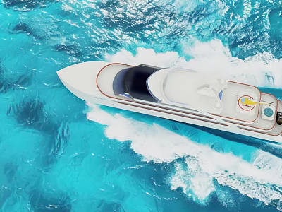 Modern White Yacht Sailing On Blue Ocean With White Waves And Deck 3d model