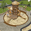 Garden Ornament With Wooden Play Structure Slide And Thatched Roof Among Palm Trees