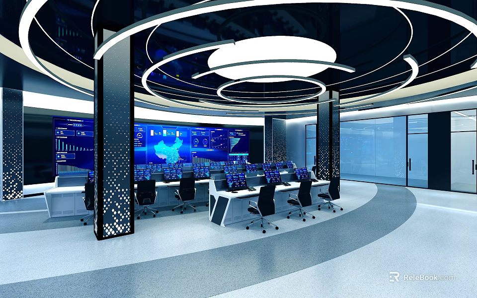 Modern Control Room With Multiple Data Screens Workstations And Ergonomic Chairs Under Circular LED Lighting 3d model 