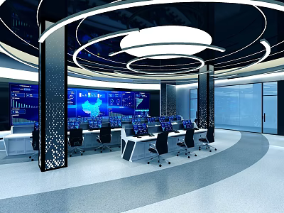 Modern Control Room With Multiple Data Screens Workstations And Ergonomic Chairs Under Circular LED Lighting 3d model