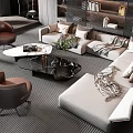 Modern Beige Sofa and Coffee Table Set with Brown Accent Chairs Decorative Pillows and Plants