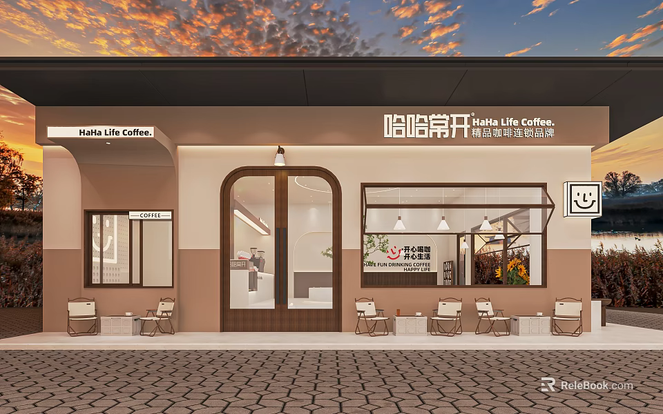 HANA LIN CAFE Storefront Design With Signboard Glass Door Outdoor Seating And Warm Tone Elements 3d model 