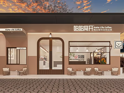 HANA LIN CAFE Storefront Design With Signboard Glass Door Outdoor Seating And Warm Tone Elements 3d model