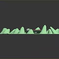 Blue Board Model Scene With Green Boat And Light Green Mountain Shapes