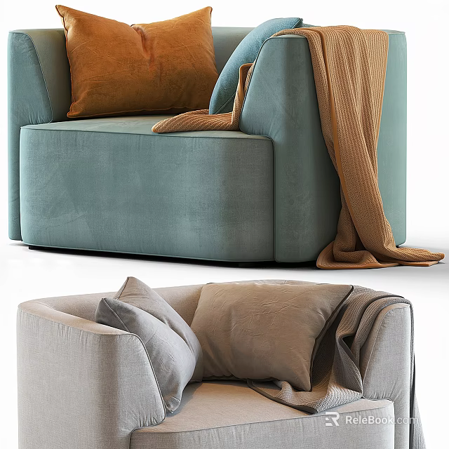 Stylish Teal and Light Gray Single Sofa with Soft Pillows and Cozy Blankets 3d model 
