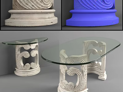 Elegant Glass Top Dining Table With Intricate Carved Legs And Decorative Design 3d model