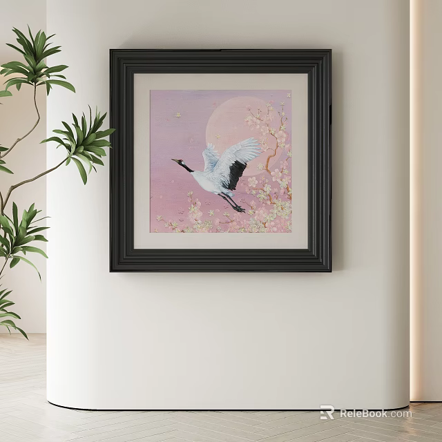 Abstract Painting with Black Frame Pink Background and Crane Cherry Blossoms Moon 3d model