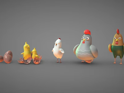 3D Cartoon Chicken Characters In Various Stages With Cute Designs And Colorful Appearances 3d model