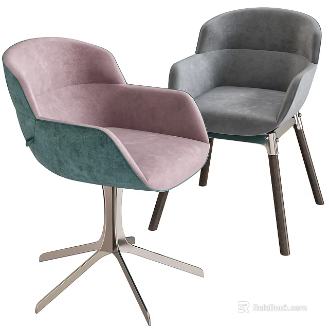 Modern Leisure Chairs With Two Tone Velvet Upholstery And Metal Wooden Bases 3d model 