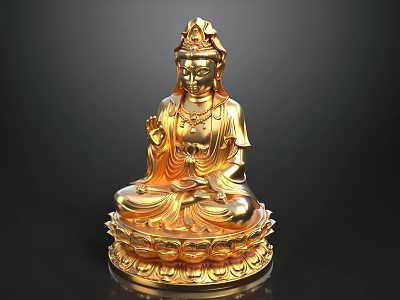 Golden Buddha Statue Seated On Lotus Pedestal Against Black Background 3d model