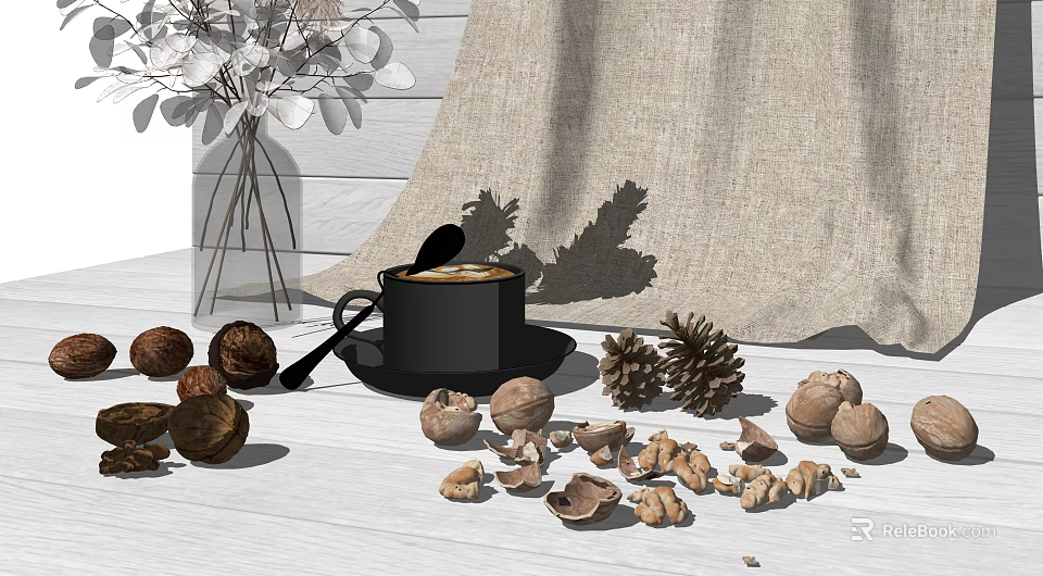 Cup of Coffee with Walnuts Pine Cones and White Flowers on Table with Linen Background 3d model 
