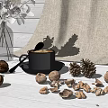 Cup of Coffee with Walnuts Pine Cones and White Flowers on Table with Linen Background