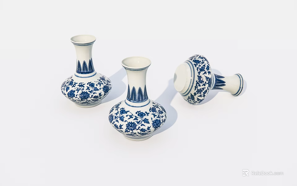 Blue and white ceramic vases with floral patterns three pieces two upright one lying 3d model 