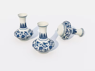 Blue and white ceramic vases with floral patterns three pieces two upright one lying 3d model
