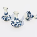 Blue and white ceramic vases with floral patterns three pieces two upright one lying 3d model