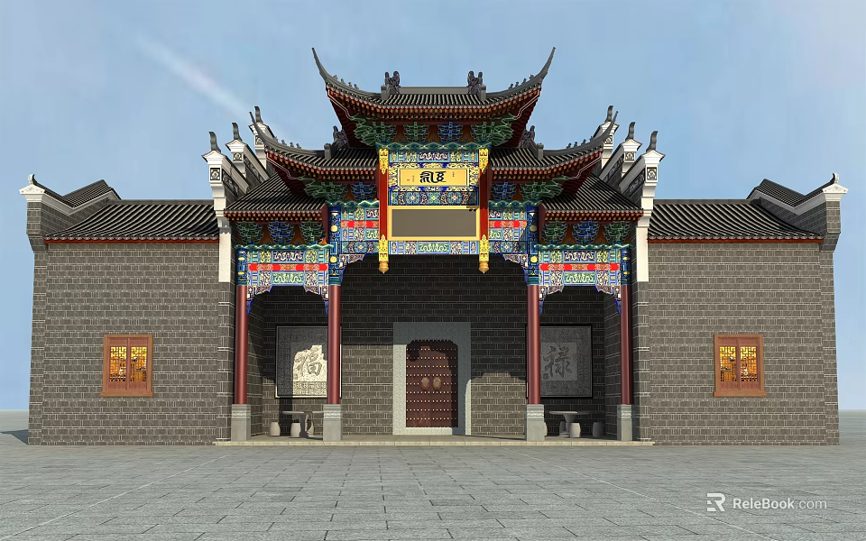Ancient Chinese Architecture Symmetrical Front Facade with Ornate Eaves Colorful Decorations and Stone Lions 3d model 