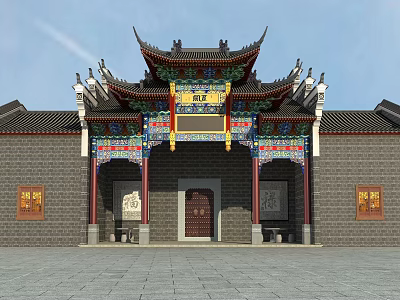 Ancient Chinese Architecture Symmetrical Front Facade with Ornate Eaves Colorful Decorations and Stone Lions 3d model