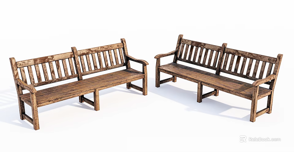 Wooden Public Benches with Armrests and Sturdy Structure for Outdoor Parks 3d model 